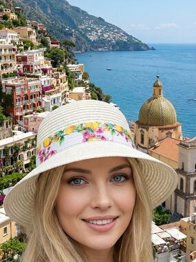 Antica Sartoria Positano Pink Lemon Straw Sun Bucket  Hat NWT